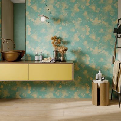 Akzentwand Blumen Fliesen blau