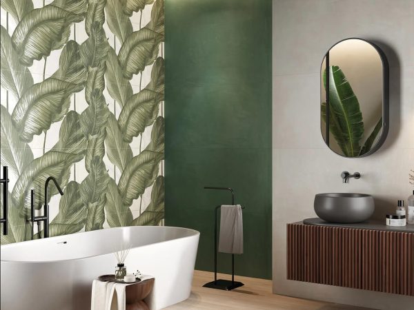 Grünes Badezimmer Palmen Dekorfliesen